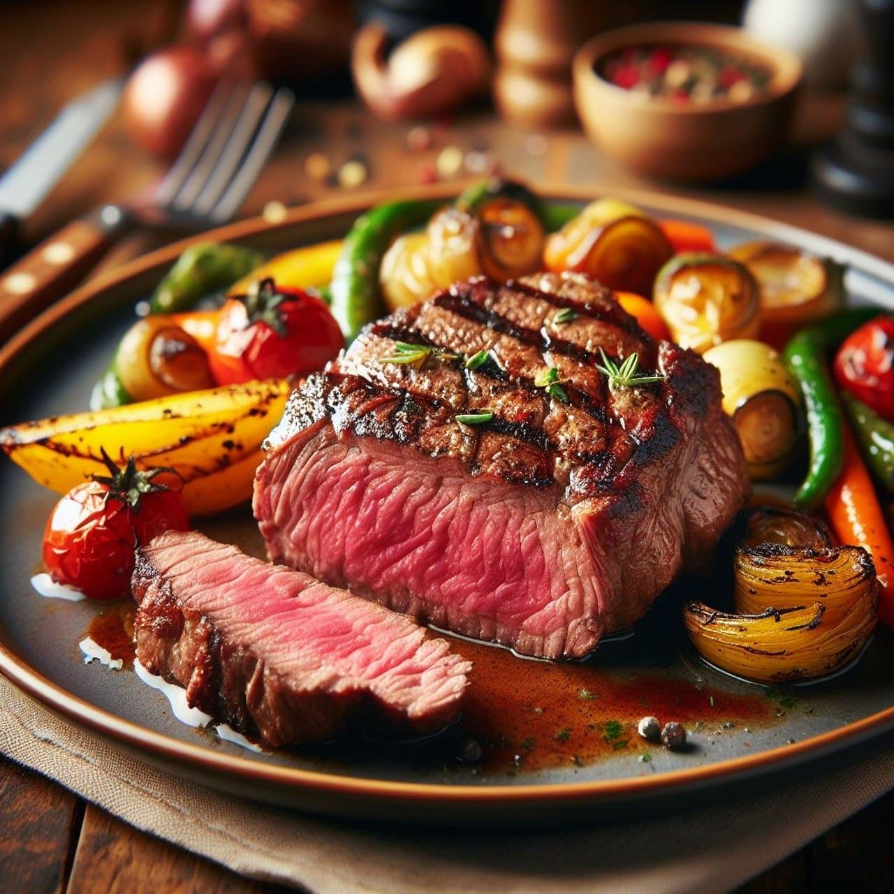 Sliced Certified Angus beef steak plated with grilled vegetables